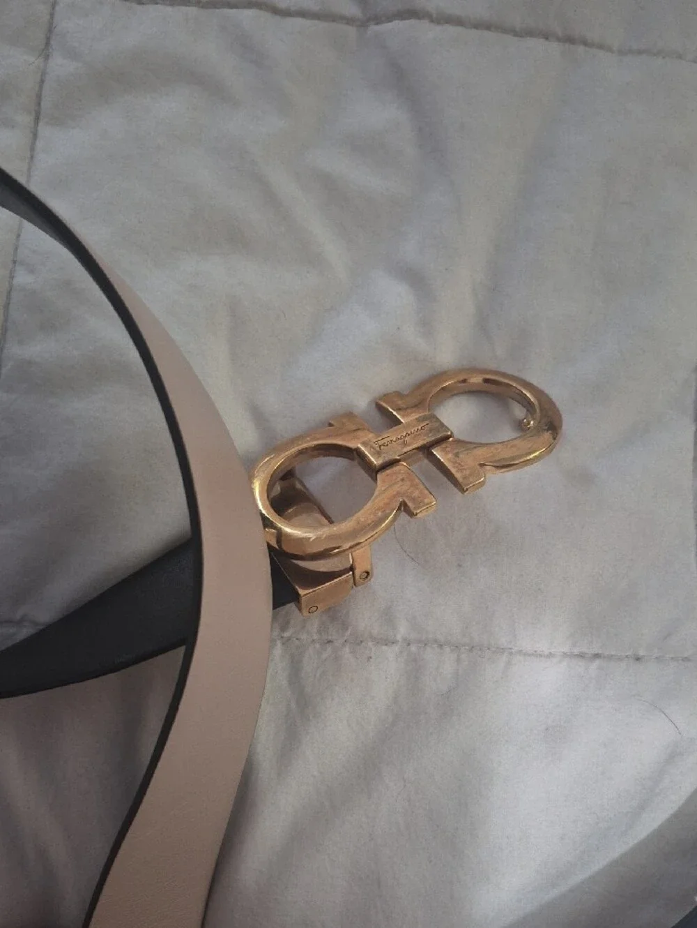 Salvatore Ferragamo Black And Beige Two-Sided Gold Double Gancini Belt. Auth.